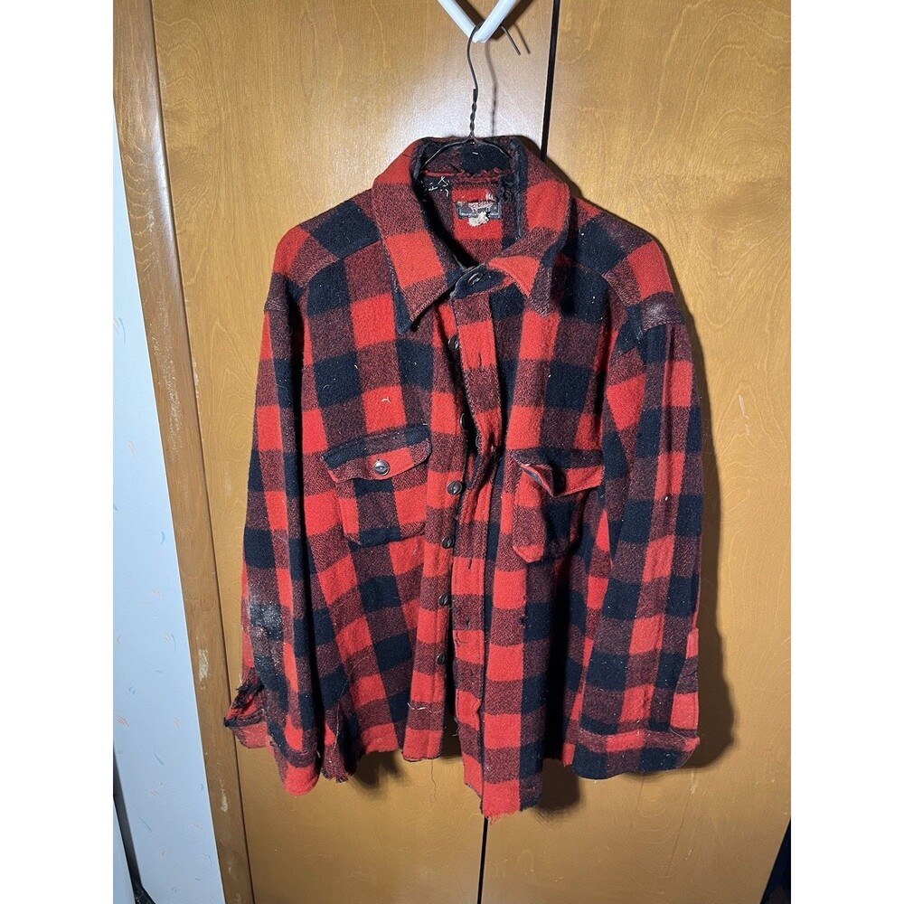 Vintage Woolrich Buffalo Plaid Heavy Wool Flannel Shirt Men's Large Red Black